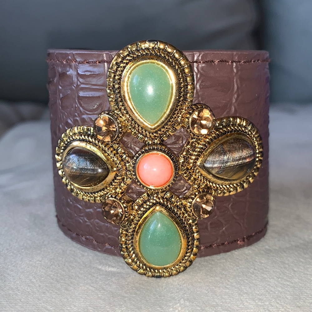 Andara dark brown leather medallion cuff.